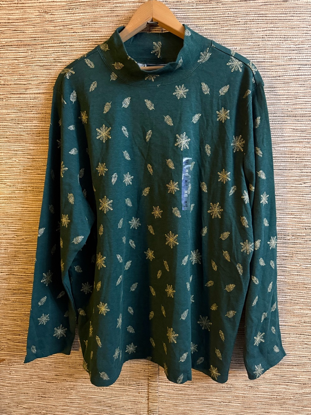 Karen Scott Holiday Christmas Mock Neck Long Sleeve Shirt Glitter Gold Print 3X
